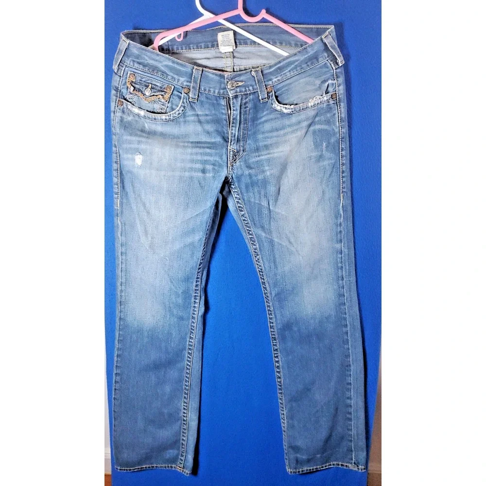 Vtg True Religion Jeans USA Men's 36 Straight Flap Pocket Big T Thick Stitch